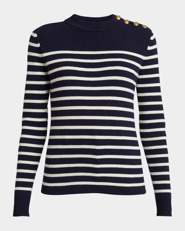 Button-Shoulder Striped Wool-Cashmere Sweater
